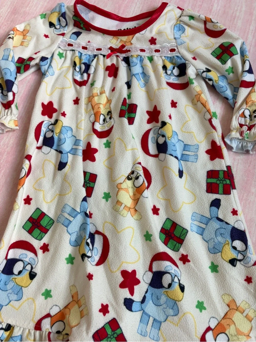 Girls' Holiday Puppy Print Nightgown - White with Red Trim